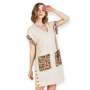 Umgee Shift Tunic Dress Womens L Beige Leopard Trim V-Neck Pockets